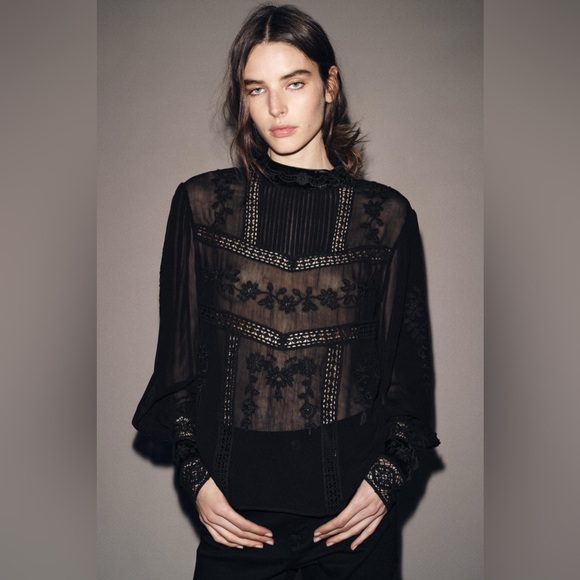 Zara Tops - VELVET LADDER TRIM BLOUSE ZW COLLECTION
Zara Black Sheer Lace Embroidered Blouse